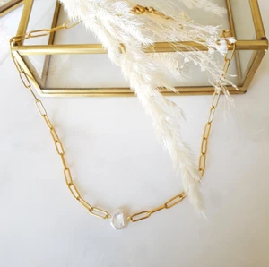 Mother of Pearl Necklace Gold Chain White Pendant Organic Handmade Jewellery - Picture 1 of 3