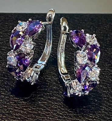 18k White Gold Plated Purple Amethyst Gemstone Huggie Earrings Women Jewelry - Image 1 of 4