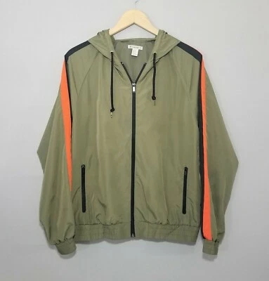 Forever 21 Women M Khaki Green Color Stripe Oversize Full Zip Windbreaker Jacket - Image 1 of 4