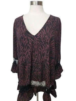 Top túnica Avenue Studio para mujer talla 20 estampado de tigre ciruela púrpura negro ribete de encaje Foto 1 de 4