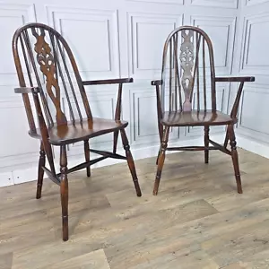 Pair Of 2 Antique Solid Wooden Hoop Back Windsor Dining Arm Chairs - Vintage - Picture 1 of 24