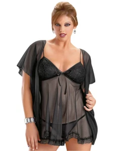 Plus Size Black Lingerie Babydoll Nightgown and Robe Set - Picture 1 of 4