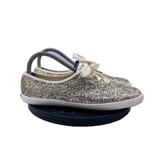Kate Spade X Keds Glitter Sneakers Womens 8.5 Gold Low Ribbon Lace Casual - Picture 1 of 9