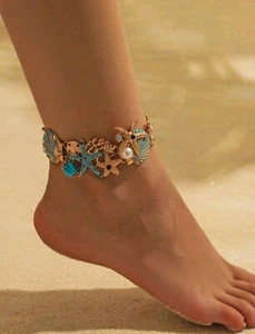 Tobillera estilo bohemio vintage con incrustaciones de estrellas de mar y caparazón oceánico - Imagen 1 de 5