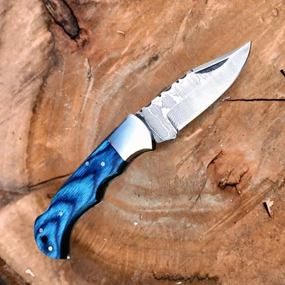 Handmade Damascus Folding Pocket Knife with Pakka Wood Handle & Leather Sheath - Imagem 1 de 4