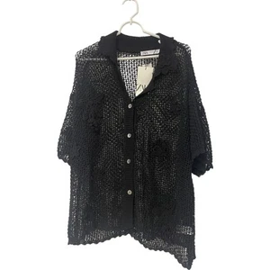 Zara Mens Shirt XL Button Up Black Crochet Collared Neck Short Sleeve NWT - Picture 1 of 9