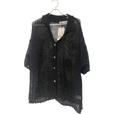 Zara Mens Shirt XL Button Up Black Crochet Collared Neck Short Sleeve NWT - Image 1 of 4