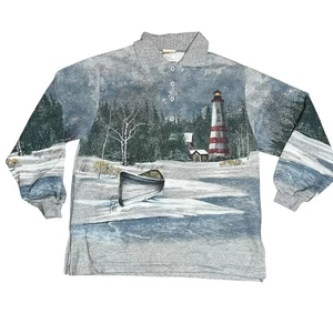 Vintage 90s Artisans Winter Nature Lighthouse AOP Graphic Sweatshirt women Med  - Bild 1 von 8