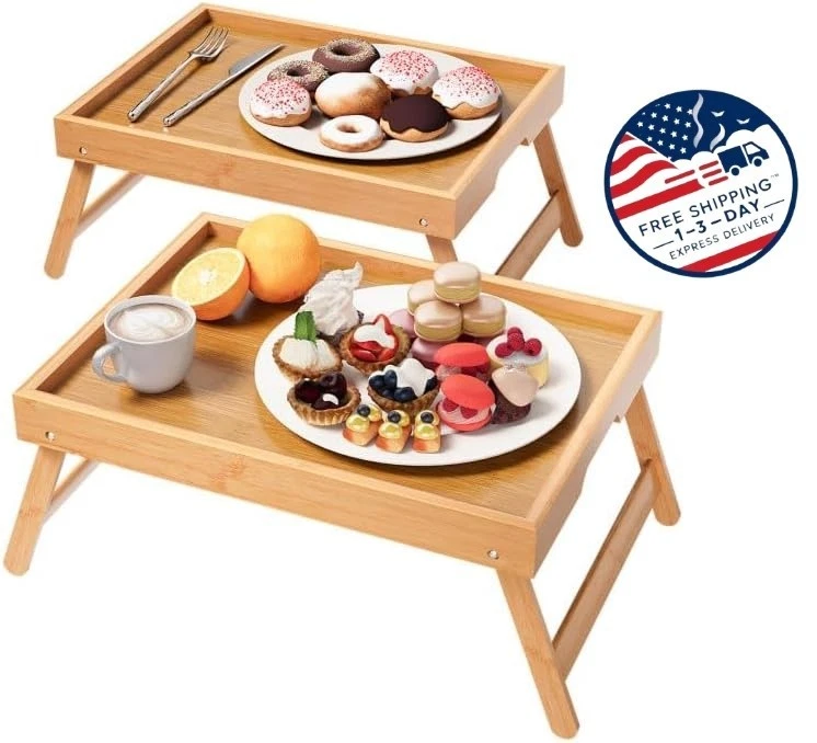 Mesa de cama de bambú con patas plegables (2 unidades), bandejas (natural) Foto 1 de 4