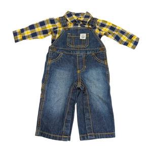 CARTER'S Conjunto de 2 Piezas Mono y Camisa a Cuadros Amarillo Azul 6 Meses NUEVO - Imagen 1 de 9