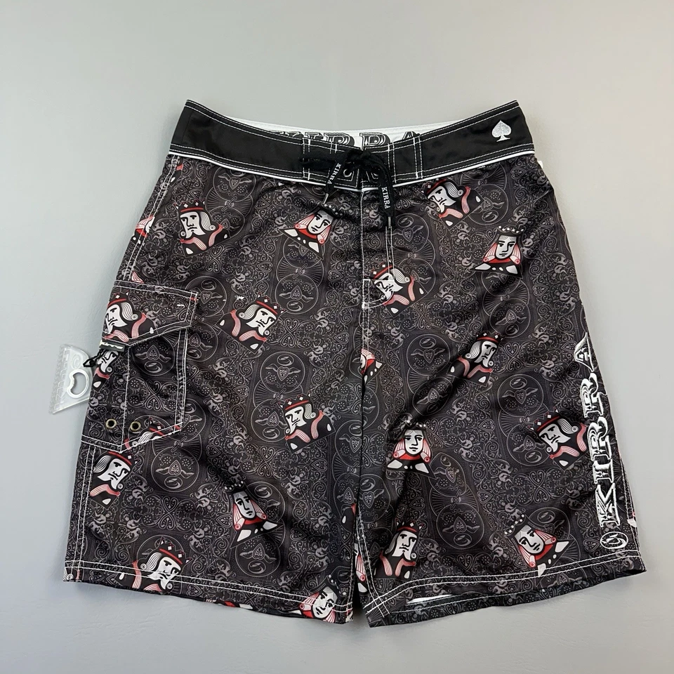复古 Kirra 板短裤男式 34 灰色黑桃王 AOP 冲浪海滩 Y2K — 第 1/4 张图片