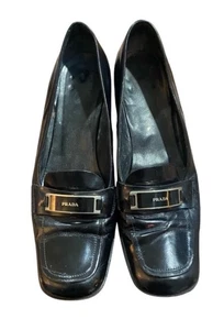 Auth PRADA Loafers VINTAGE Y2K 39.5 9.5 Black Leather - Picture 1 of 9