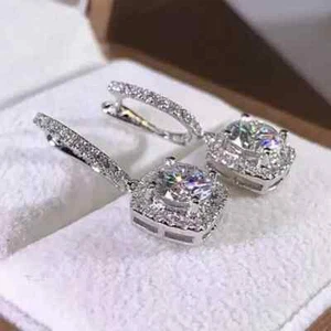 4Ct Round-Cut Real Moissanite Drop Dangle Women's Earrings 14k White Gold Plated - Picture 1 of 5