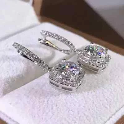 4Ct Round-Cut Real Moissanite Drop Dangle Women's Earrings 14k White Gold Plated - Image 1 of 4