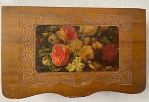 Vintage Cedar Wood Floral Carved Keepsake Jewelry Box Decoupaged Pic of Flowers - Picture 1 of 12