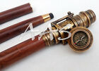 Wooden Nautical Walking Stick Cane With Hidden Antique Telescope Compass On Top