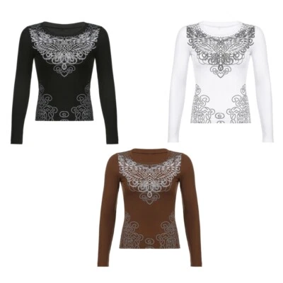 Women Long Sleeve Ribbed T-Shirt Heart Angel Wing  Print Bodycon Crop Top - Image 1 of 4