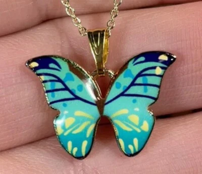 Монарх бабочка подвеска ожерелье аква синий желтый 16-18» 14K золотая пластина цепочка - Изображение 1 из 3