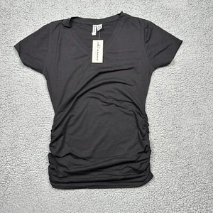 Oh Mamma Maternity Shirt Womens Small Short Sleeve Black Tee Ruched V Neck - Picture 1 of 7