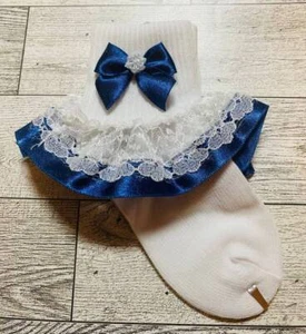 Baby Toddler Girl White Navy Satin Bow and Lace Ruffle Socks fits Shoe Size 4-6 - Picture 1 of 1