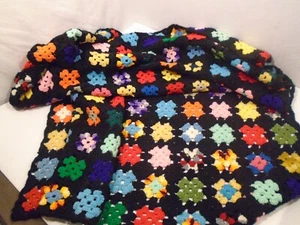 VTG Granny Square Crochet Black Multicolor Afghan Throw Blanket Roseanne 60 x84" - Picture 1 of 4