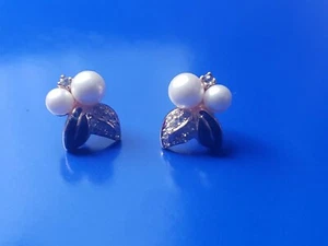 Vintage Christian Dior Pearl Crystal and Black Enamel pin Earrings - Picture 1 of 8
