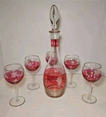 Vintage Cranberry Ruby Decanter & 5 Goblet Glasses SET, Etched GRAPES Romania EX - Image 1 of 4