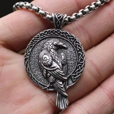 Mens Nordic Norse Viking Odin Raven Crow Rune Sigil Sign Pendant Necklace - Image 1 of 4