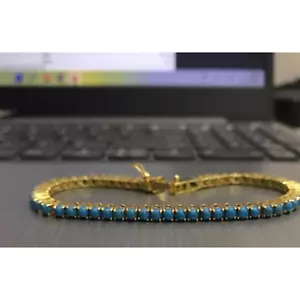 5.00 Ct Round Cut Blue Turquoise Tennis Bracelet 7.5" 14k Yellow Gold Plated - Picture 1 of 4