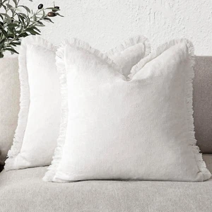Set of 2 Decorative Linen Fringe Throw Pillow Covers Cozy Boho Farmhouse Cushion - Picture 1 of 12