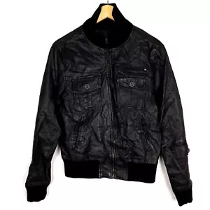 JACK & JONES Men'S Bomber Leather Jacket Size S Black Full Zip Ribbed Hem - Picture 1 of 10