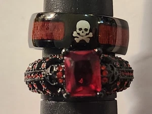 Couples Rings Black Titanium And Red Cubic Zirconia With Skulls - Picture 1 of 7