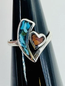 Vintage Sterling Silber Türkis & Koralle Inlay Herz Ring Größe 4,5 - 2,5 g - Bild 1 von 11