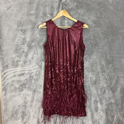 Jessica Simpson Dress Womens 6 Maroon Sequins Feathers 20’s Flapper Cocktail - Image 1 of 4