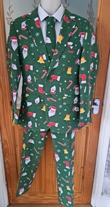 RARE OPPOSUITS MENS SANTABOSS 3PC CHRISTMAS OPPO SUIT JKT 38R PANTS 32 X 30 +TIE - Picture 1 of 17