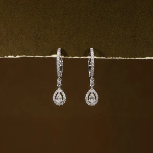 18K White Gold Lab Grown Diamond Dangle Hoop Earrings 0.85ct Halo Pear Drop - Picture 1 of 5
