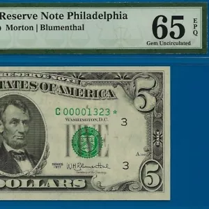 Fr 1974-C* 1977 $5 Federal Reserve Note PMG 65EPQ low serial number star 1323* - Picture 1 of 5