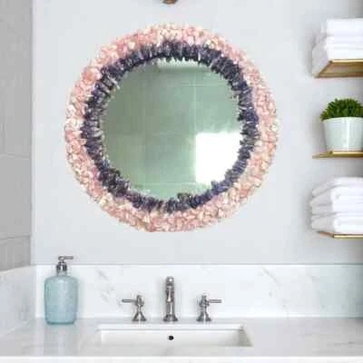 24" Rose Quartz & Amethyst Stone Crystal Wall Hanging Mirror Interior Decor - Image 1 of 4