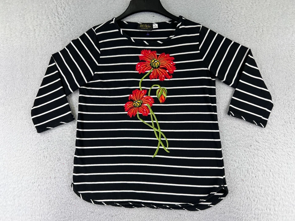 Camisa artística portátil Bob Mackie para mujer extra pequeña negra blanca a rayas cuello redondo Foto 1 de 4