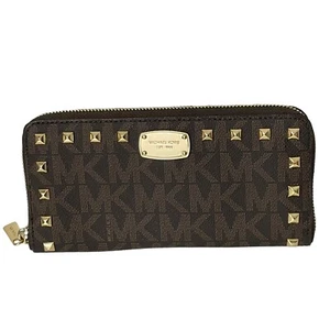 Michael Kors Wallet Jet Set Studded Zip Around Continental Brown MK Signature - Picture 1 of 4