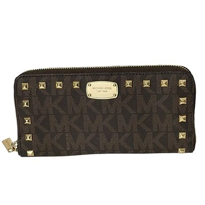 Michael Kors Wallet Studded Jet Set Zip Around Continental Brown MK Signature - Image 1 of 4