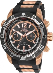 New Mens Invicta 24582 50mm Aviator GMT Dual Time Zone Black Strap Watch - Picture 1 of 12