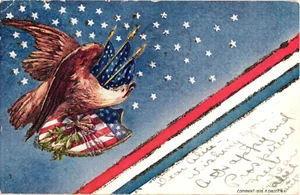Bandera de águila patriótica del Día de la Independencia brillo en relieve c1906 postal - Imagen 1 de 2
