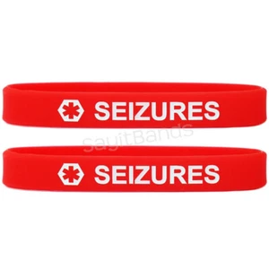 2 (two) SEIZURES Wristbands - Red Medical Alert Silicone Wrist Band Bracelets - Picture 1 of 2