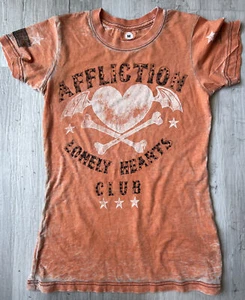 NWOT Affliction 🧡 Womens Lonely Hearts Club Tee Heart Destructed T-Shirt Orange - Picture 1 of 9