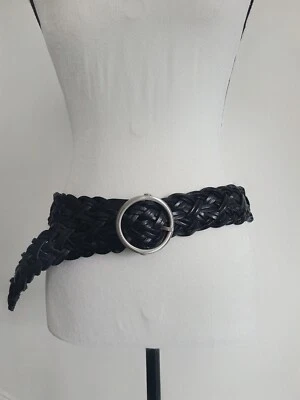 Cinturón Ann Taylor Loft tejido para mujer negro M hebilla plateada cuero  Foto 1 de 4