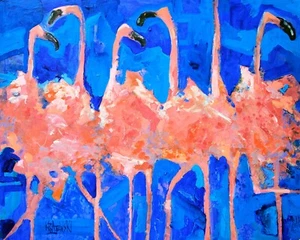 Flamingos Print of Original Fine Art Watercolor by Ron Krajewski - Picture 1 of 4