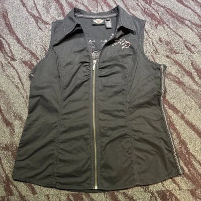 Harley Davidson Womens Black And Pink Jacket Vest Biker Sz XL Embroidered Logo - Image 1 of 4