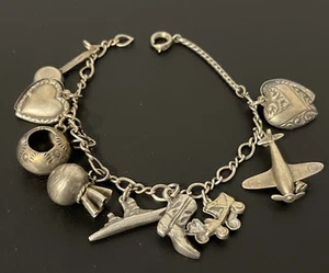 Vintage Sterling Silver Charm Bracelet W/10 Charms-Hearts, Skates, Ship, Boot++ - Picture 1 of 8