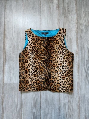 VTG Karen Kane Leopard Print Blouse Fuzzy Zip Blue Satin Lined Sleeveless Sz 12 - Image 1 of 4